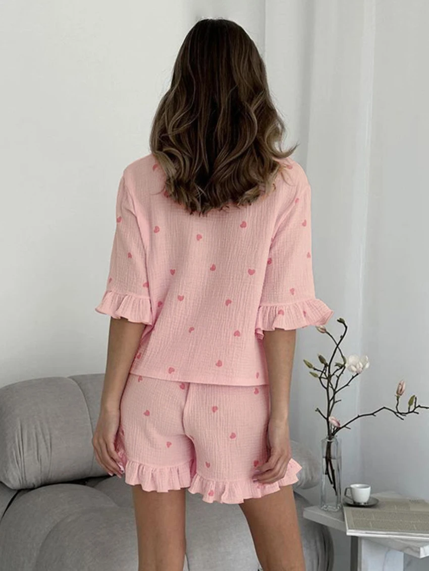 Marthaqiqi Casual Women Nightgowns Suit Sexy Turn-Down Collar Sleepwear Half Sleeve Nightwear Shorts Printing Ladies Pajamas Set