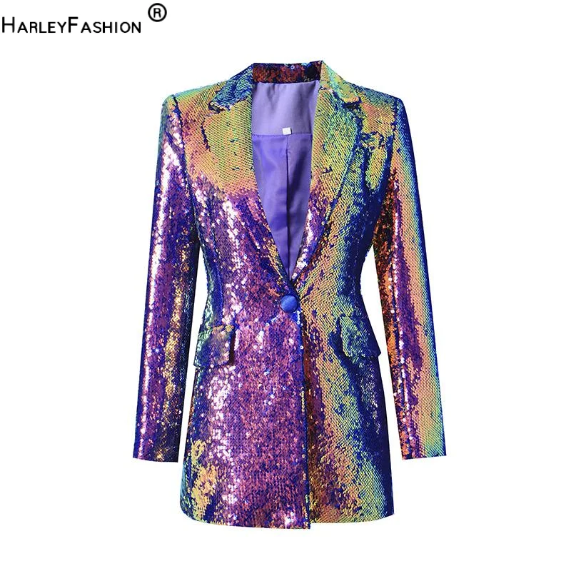 Luxury All Covered Bright Sequins Long Sleeve Single Button  Women Fashion Streetwear Slim Blazer