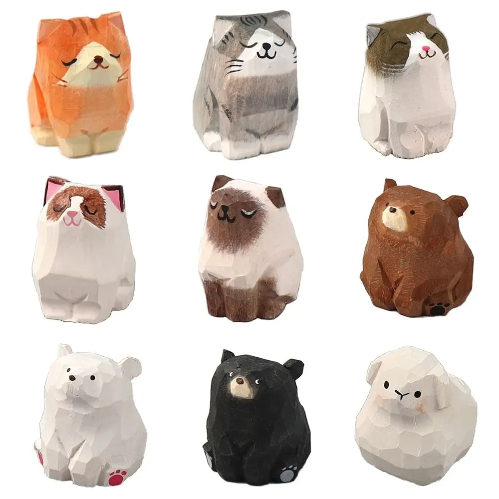Creative Cartoon Animal Wood Bear Figurine Wooden Kids Carving Cat Statue Home Decoration Art Craft Desktop Knick-knack