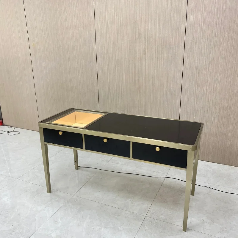 

Customize.Gold-Framed Jewelry Display Table Black Top with Embedded LED Showcase Drawers Featuring Gold Knobs High-End