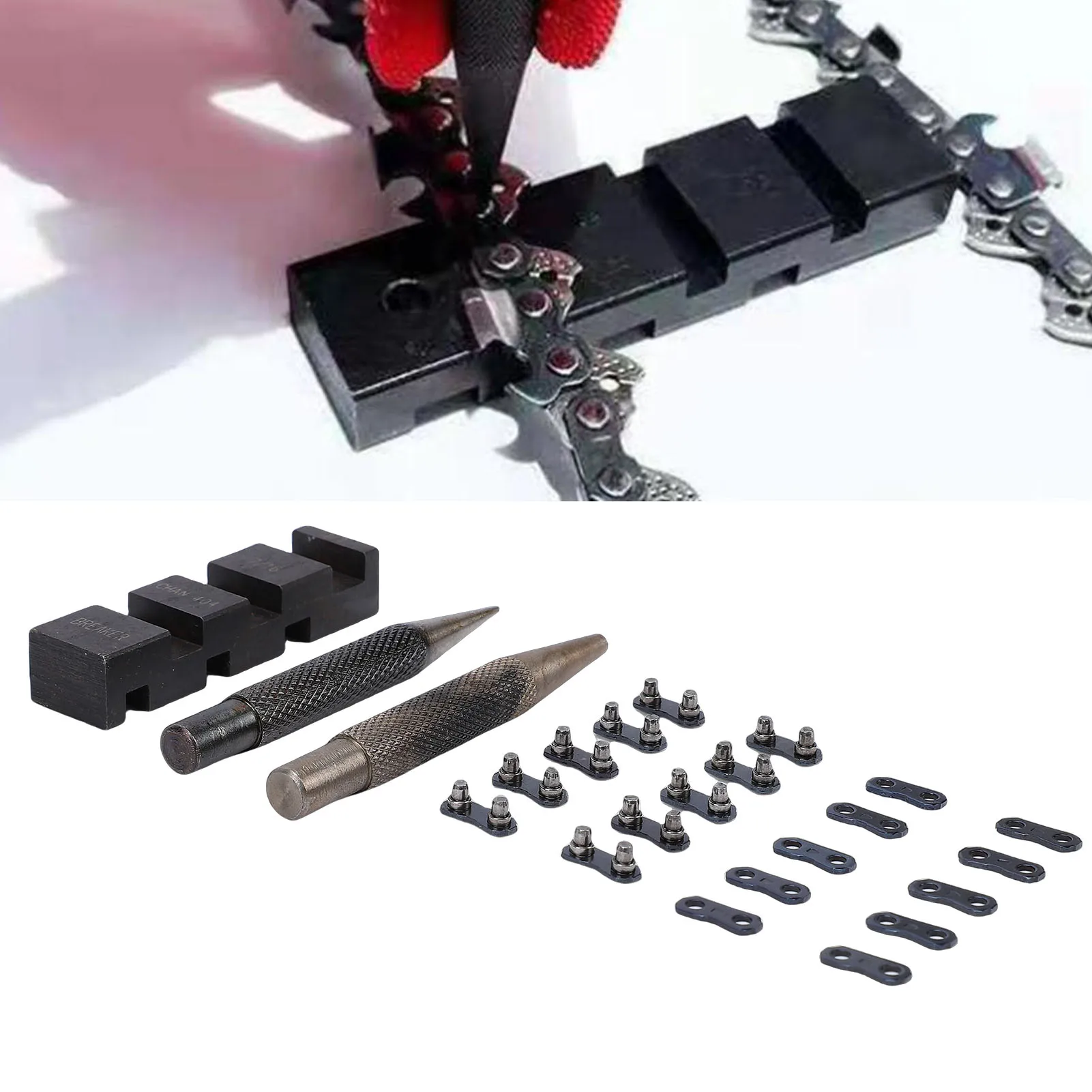 Portable Chainsaw Breaker Kit Chain Anvil and Punch Tool 10 Link Repair Preset Straps Compatible with 1/4 3/8 Inch 325 404 Pitch