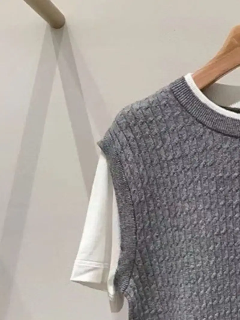 Faux pull deux pièces pour femme, gris épissé, col rond, manches courtes, décontracté, automne, 2024