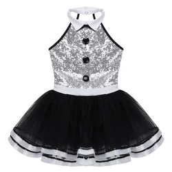 TiaoBug Kids Sleeveless Shiny Sequins Mesh Tutu Ballet Dress Girls Gymnastics Leotard Children Modern Performance Dance Costume