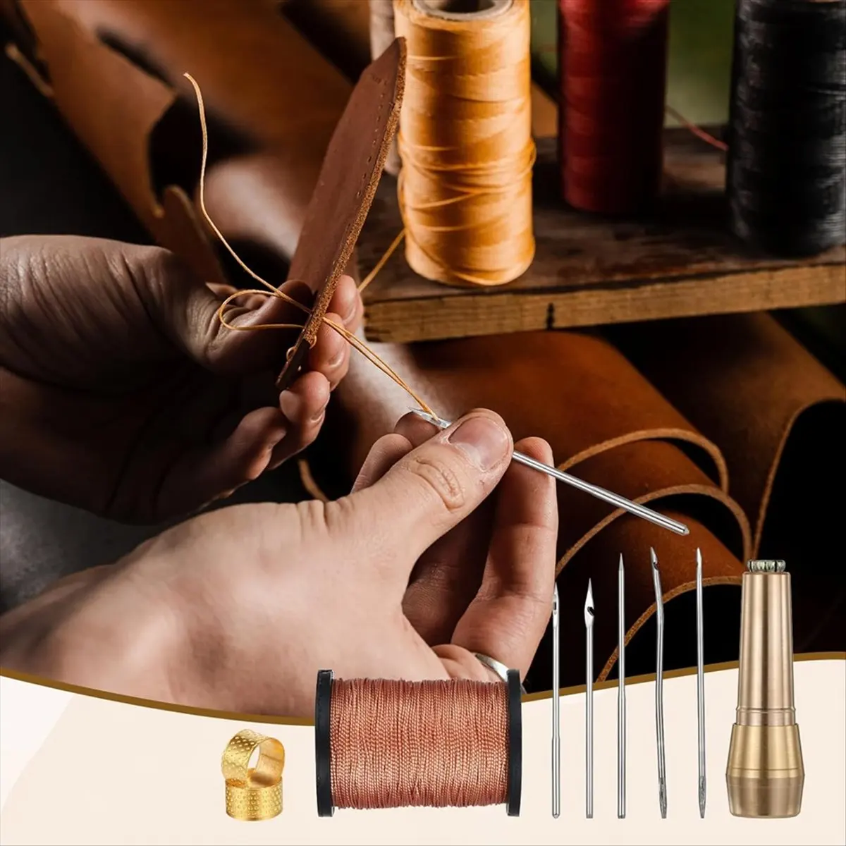 9pcs Leather Sewing Awl Kit with Copper Handle with 6 Needles for Leather Craft Needle Kit Shoe Repair Tool [2026 MOCC]