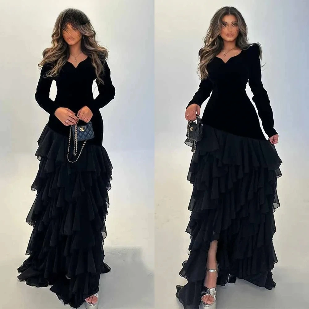 

Black Evening Dresses Long Sleeves Sweetheart Neck A Line Evening Gown Tiered Ruffle Elegant Long Prom Dress Customized