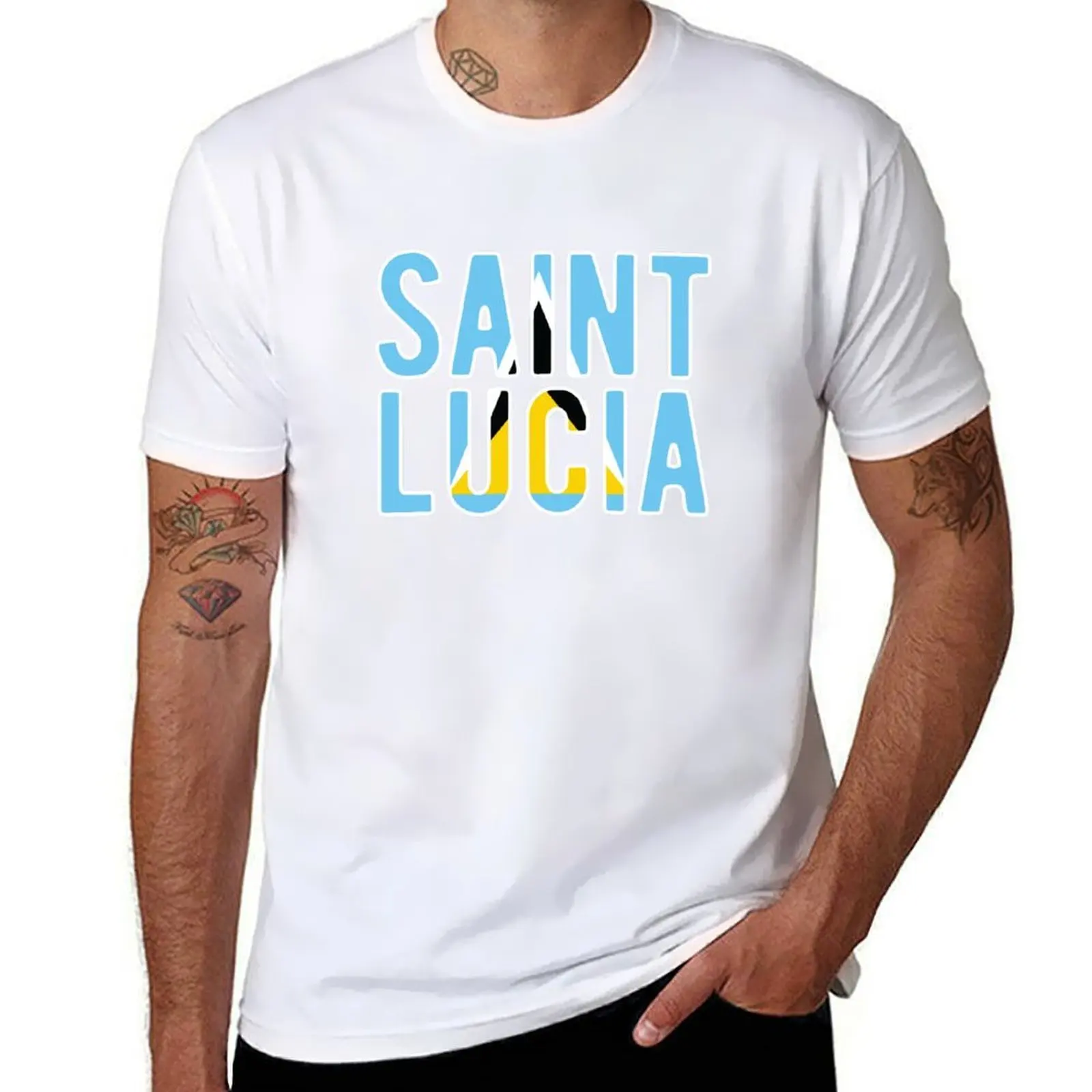 

St. Lucia Flag Text T-Shirt cotton t shirt man anime t shirts oversize T-Shirt