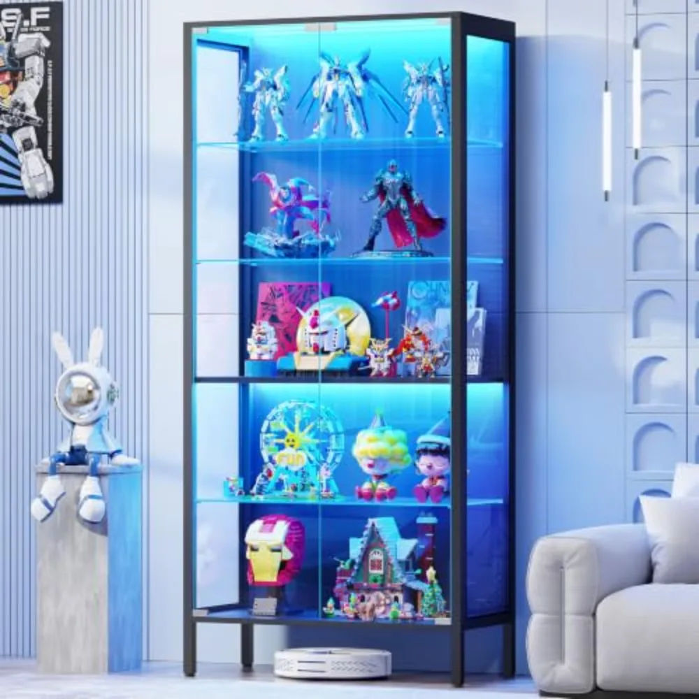 Glass Display Cabinet, 5-Tier Display Case with Adjustable Glass Shelves, Metal Curio Cabinet with 3 Color Lights for