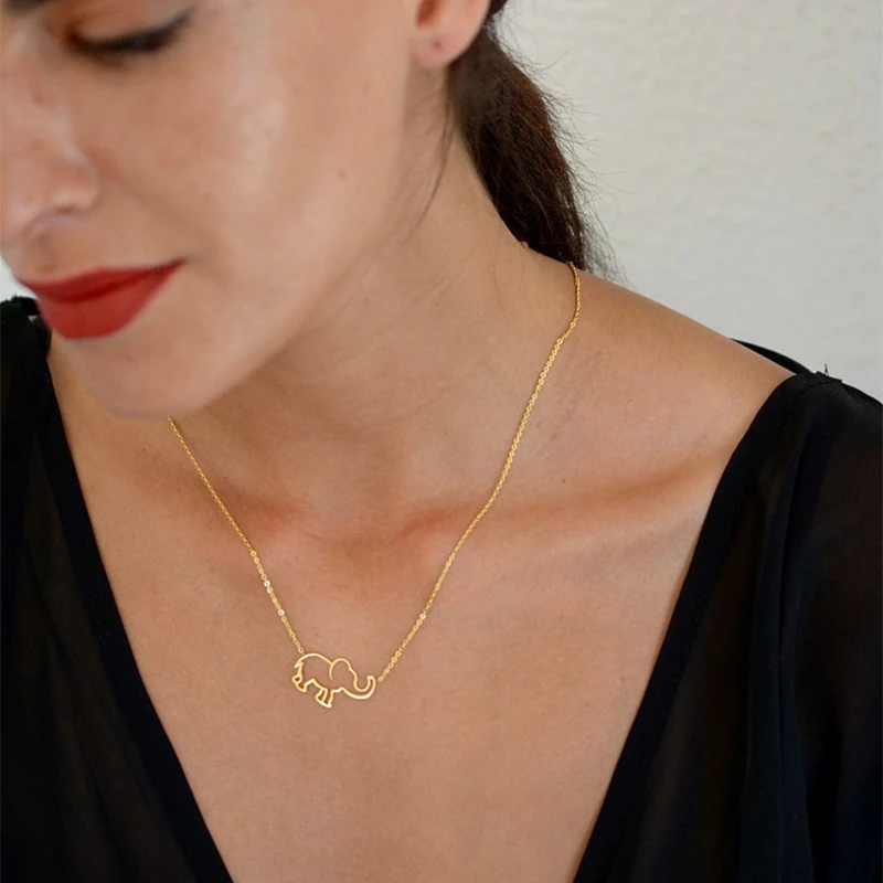 Stainless Steel  Elephant Pendant Necklace For Women Jewelry Geometric Hollow Choker Long Chain Necklaces Collares Para Mujer