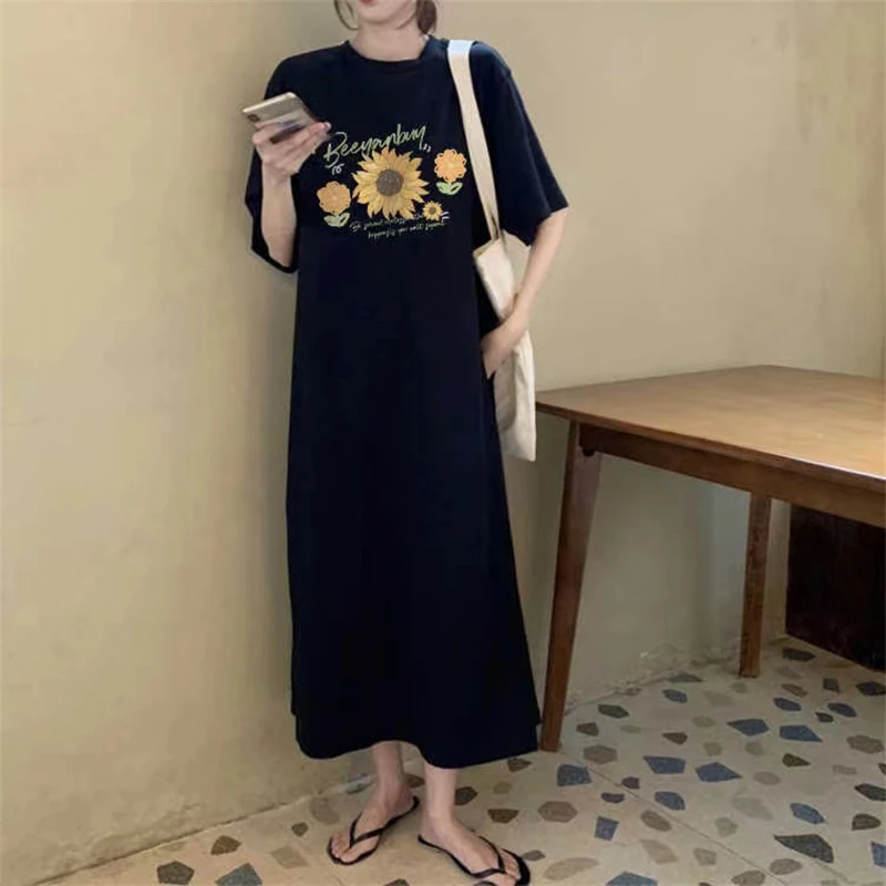 Summer Fashion Floral Print Split Oversize Streetwear Dresses for Women Y2K Female Casual O Neck Short Sleeve T-shirt Midi Dress