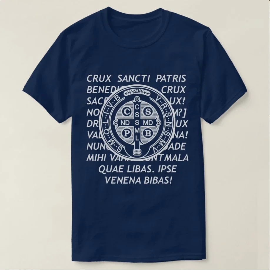 Saint Benedict Medal Christian Catholic Latin Pray T-Shirt 100% Cotton O-Neck Short Sleeve Summer Casual Mens T-shirt Streetwear