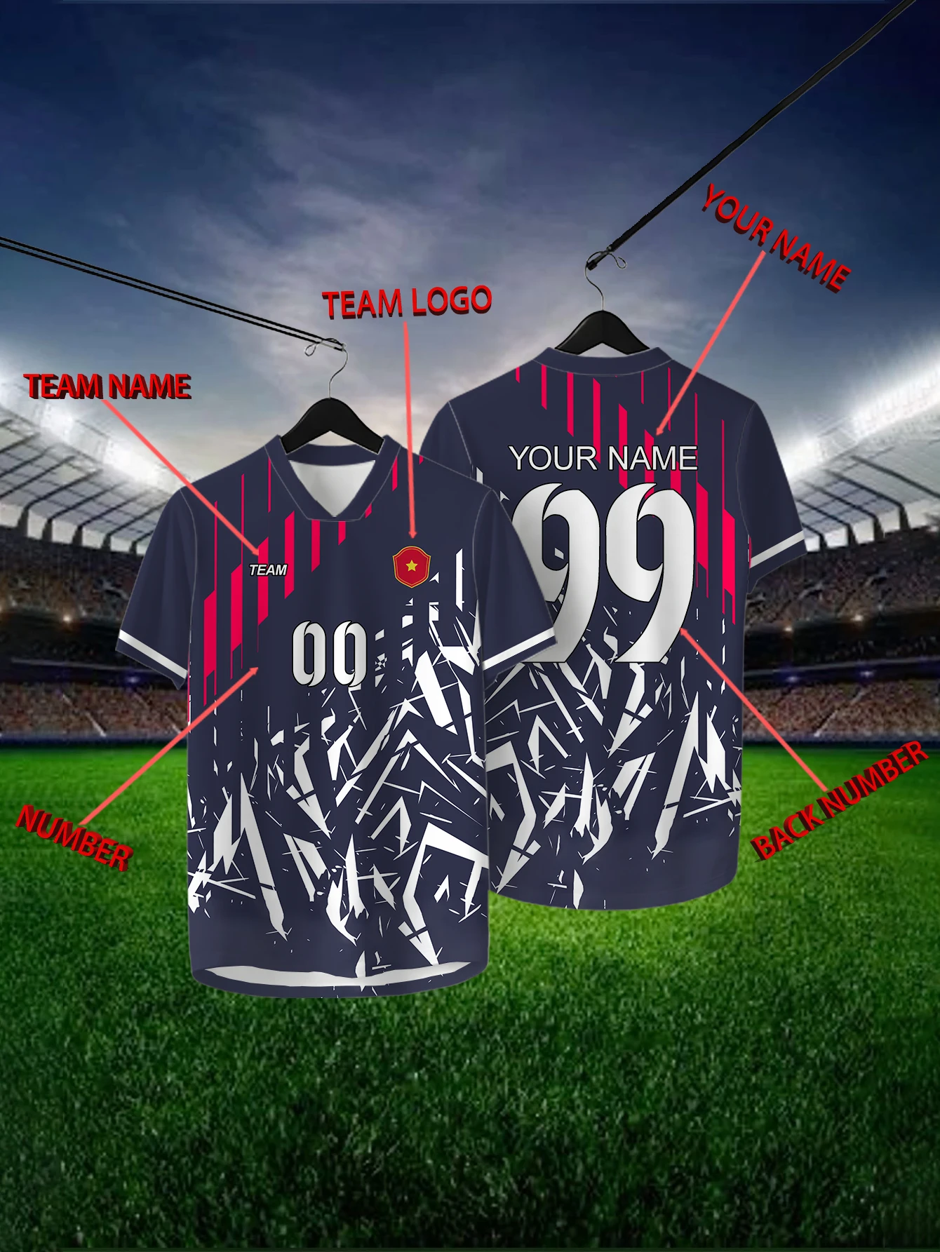 

Customized Geometric Black Short Sleeved Shirt with Team Name, Emblem, Name and Number, Outdoor Sports Short Sleeved T-shirt
