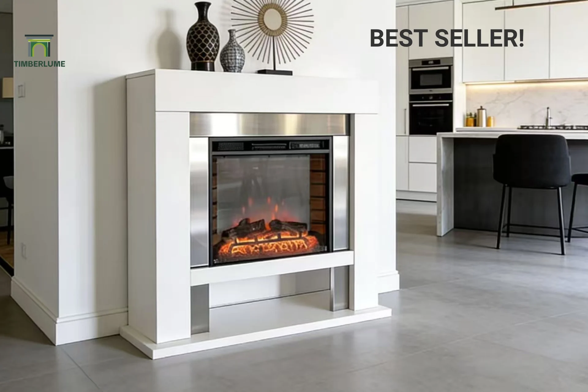 Modern Frankfurt Fireplace Mantel with Log Fuel Effect Electric Fireplace Surrounded with Stainless Steel Complete Set