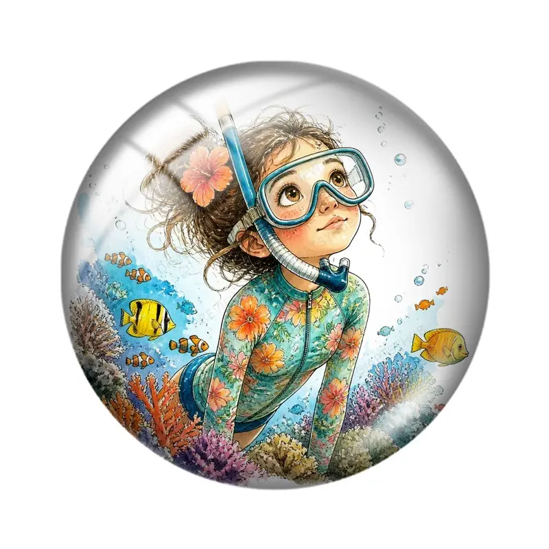 Watercolor Snorkeling Girl 12/18/20/25mm glass cabochon  bracelet pendant rings for jewelry demo earrings back Making findings
