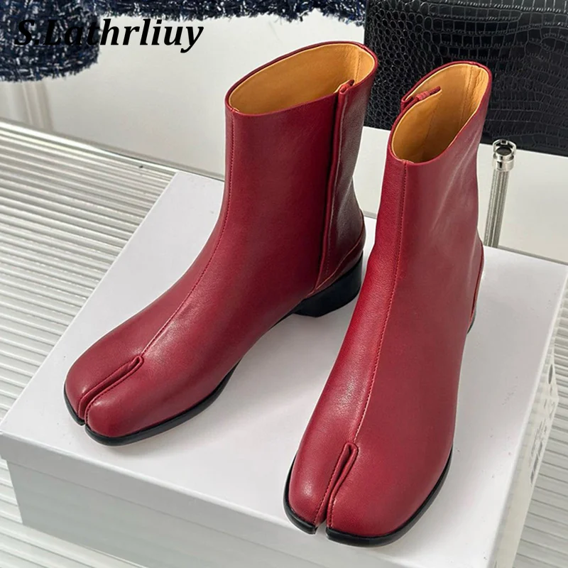 

All Match Genuine Leather Split Toe Boots Women Low Heels Solid Color Short Botas Autumn Winter Chunky Heels Button Ankle Boots