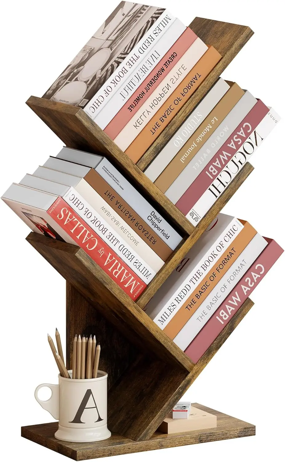 

4-ярусная книжная полка в форме дерева, современный книжный шкаф с отделкой под старинное дерево для дома, офиса, гостиной, спальни