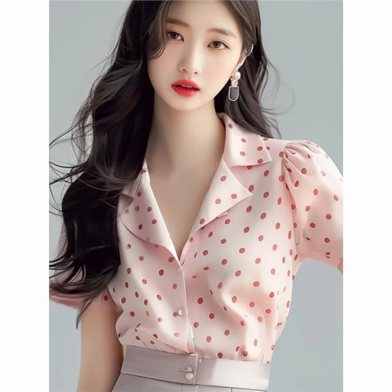 

Elegant Short Sleeve Women's Shirt Summer Style Polka Dot Chiffon Top Pink Cleanfit Design Fashionable Lightweight Blouse