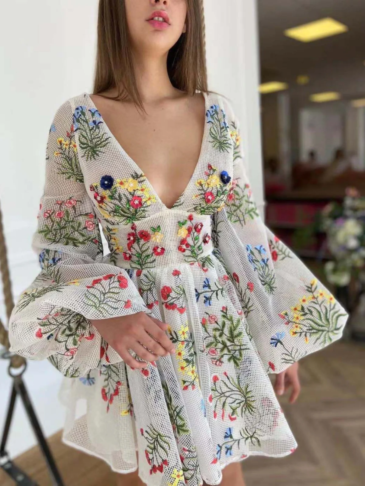 

Sweet Sle Me Embroidered Design Lantern SVE Dr Plant Floral Pattern V-Ne Petal Sve Long Sve Open Cardigan