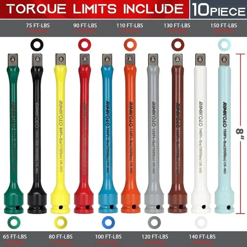 10-Piece Impact Torque Limiter Set with 8 Inch Color-Coded CR-MO Torque Sticks (65 to 150 Ft-Lbs) for Locking Lug Nuts