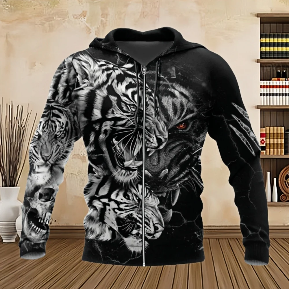 

Trend Cool Tiger Printed Men's Zip-up Hoodie Animal Pattern Long Sleeve Autumn Winter Casual Sweatshirt Street Harajuku Y2k Coat