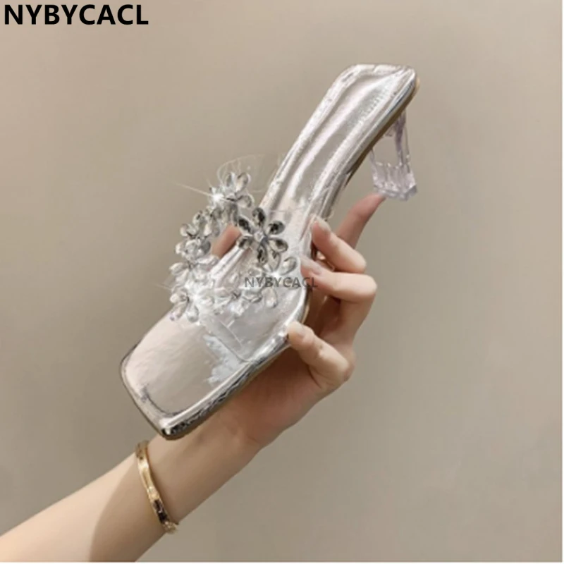 

2023 Women's Slippers New Summer Fashion Thick Heels Women's Outer Wear Rhinestone Pattern High Heels New Open-toed Sexy Casual