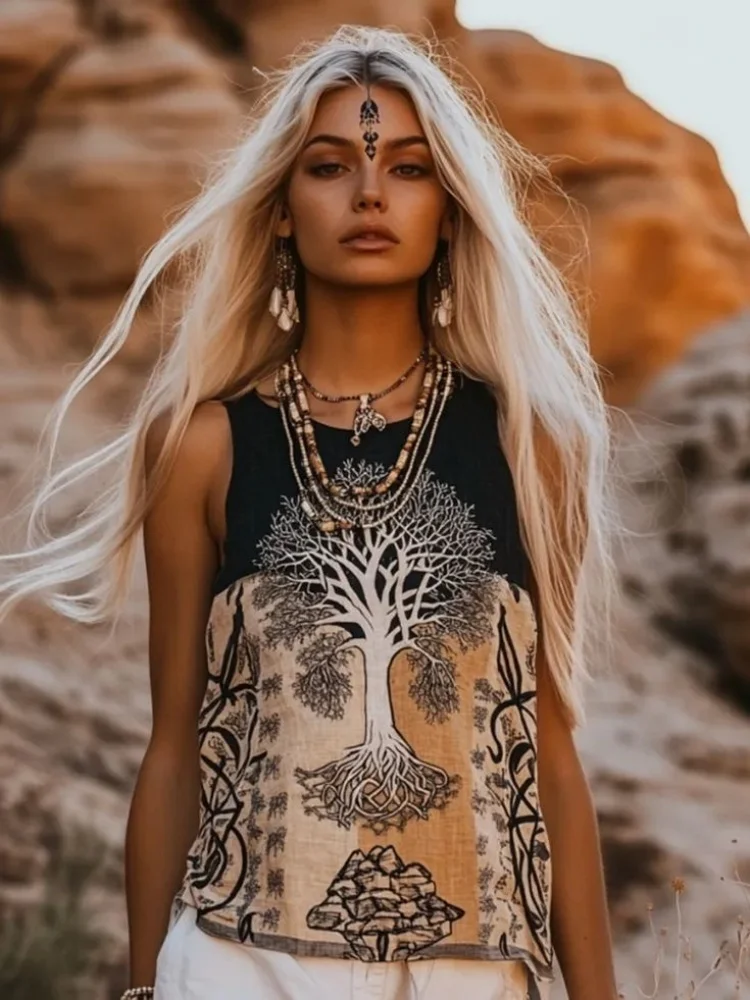 북유럽 신화 스타일 3D 복고풍 인쇄 여성 민소매 티셔츠 도시 매일 유행 티셔츠 야외 스트리트 스포츠 탑