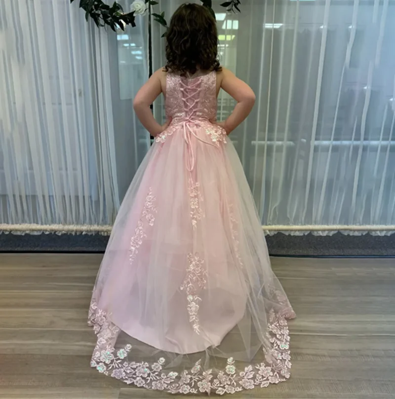 Spaghetti Strap Applique Long A Line Flower Girl Dress Princess Floor Length Elegant Tulle First Communion Dress Customized