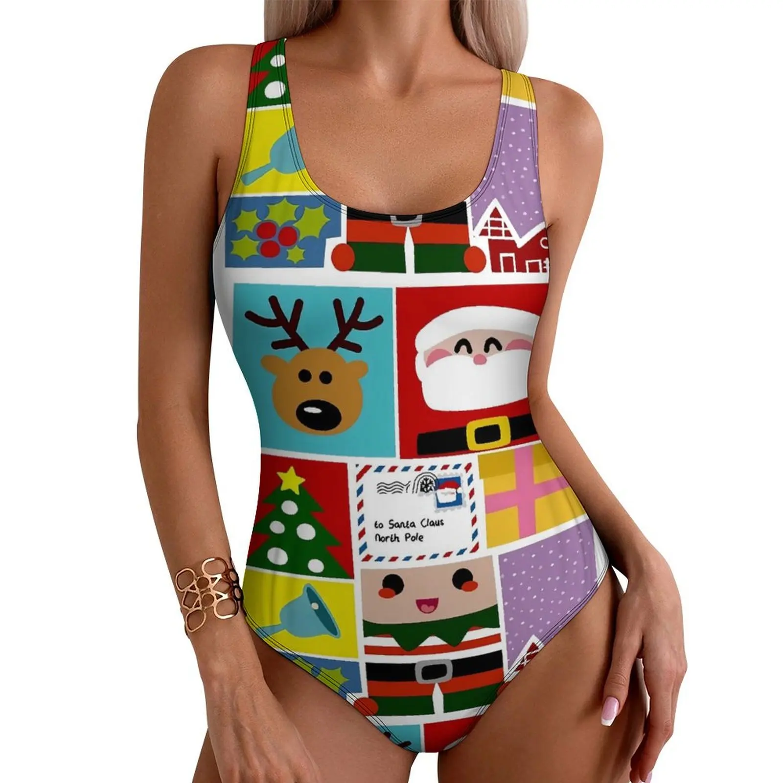 Christmas Swimsuit Xmas Patchwrok Swimwear One Piece Holiday Surf Swimsuits High Cut Bathing Suits Women Push Up Sexy Beach Wear