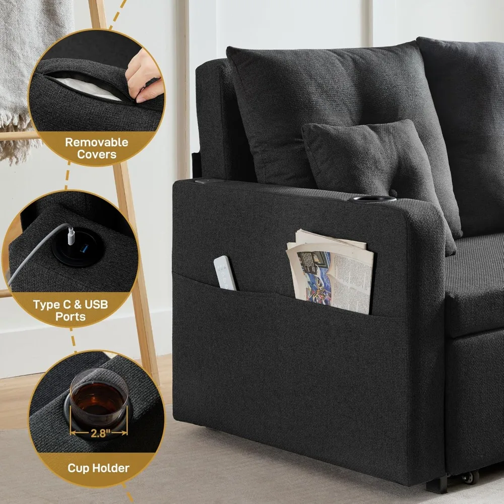 سرير أريكة قابل للتحويل 3 في 1، سرير أريكة للنوم بالحجم الكامل مقاس 56 بوصة، سرير أريكة للنوم مع جيب تخزين،