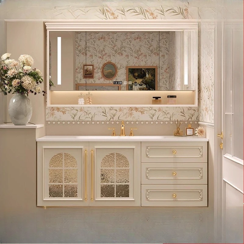

French vintage bathroom cabinet combination ceramic integrated basin smart mirror cabinet oak paint washbasin washbasin