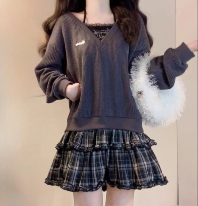 ربيع الخريف حجم كبير كلية محبوك الفرنسية منقوشة فستان قصير Y2k فتاة وهمية قطعتين طويلة الأكمام فساتين كعكة اليابانية #5