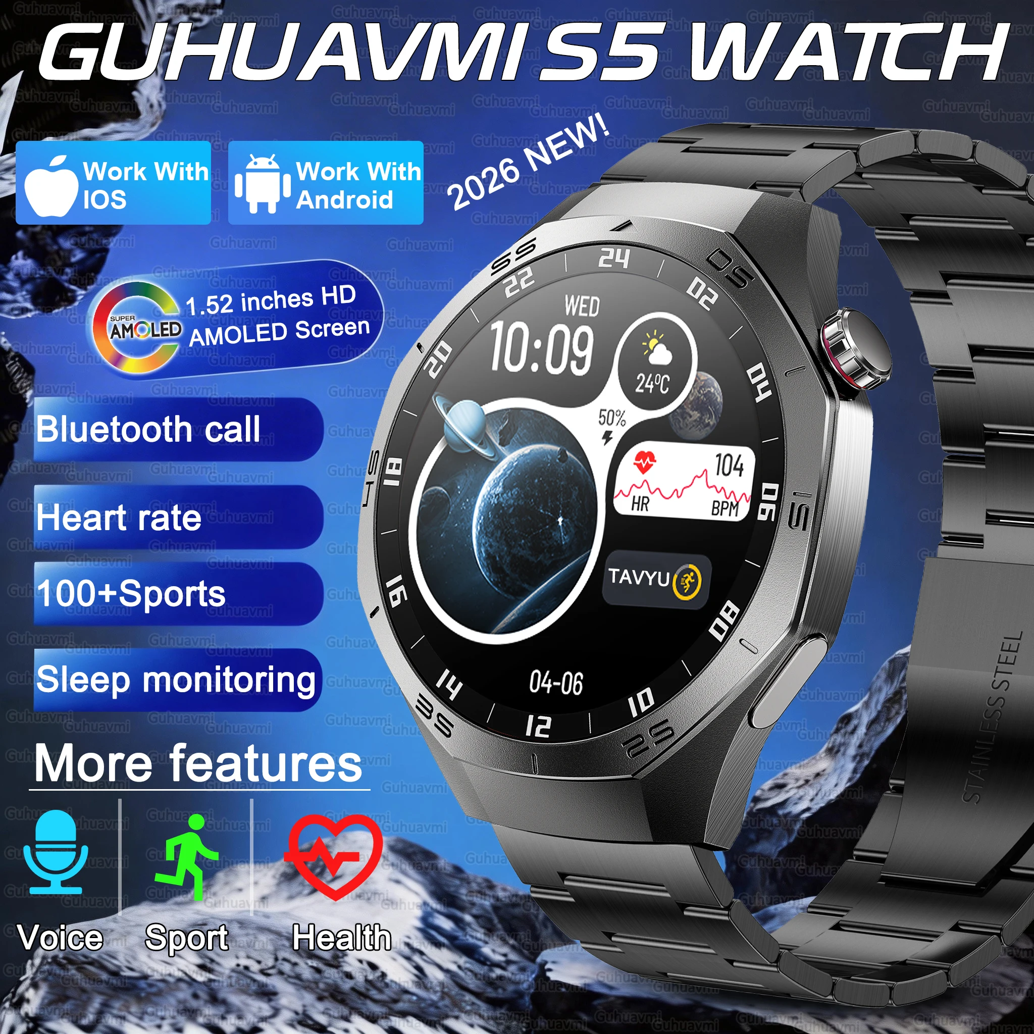 

2026 New S5 Smart Watch 1.52" AMOLED Bluetooth Call 100+Sports Modes 24H Heart Rate Sleep Monitor IP68 Waterproof Fitness Watch