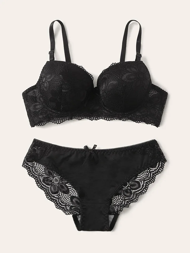 Lingeries Push Up à armatures pour femmes, vêtements floraux transparents, 2 pièces, A2ree