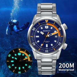 BERNY Diver Watches for Men 20ATM Super Luminous Automatic Mechanical Men's Dive Watch Full Stainless Steel 42mm Sapphire Diving