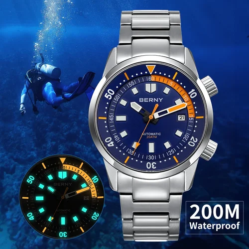 Relojes BERNY Diver para hombre 20AMT, reloj de buceo mecánico automático superluminoso para hombre, acero inoxidable completo, buceo de zafiro de 42mm