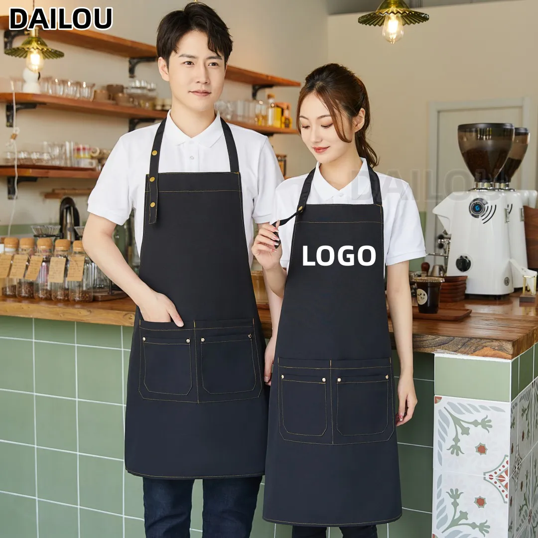 

New Apron Custom Logo Design Restaurant Apron Neck Hanging Men And Women Waterproof Nail Bean Belt Pocket Barbecue Barber Bib