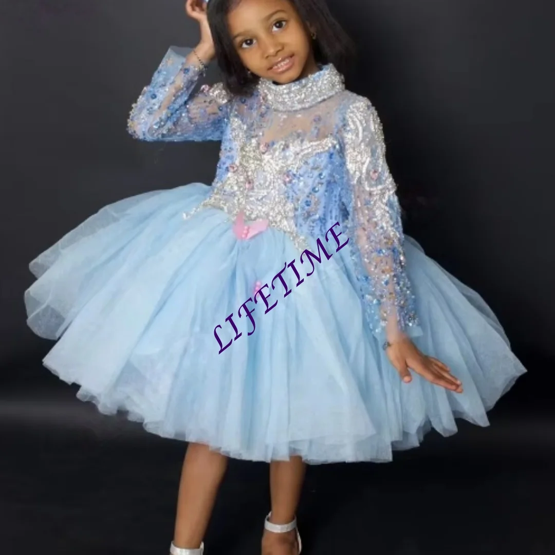 Abito di Capodanno a maniche lunghe decorato con farfalla azzurra personalizzata per ragazze, abito adatto per la prima comunione, festa di nozze