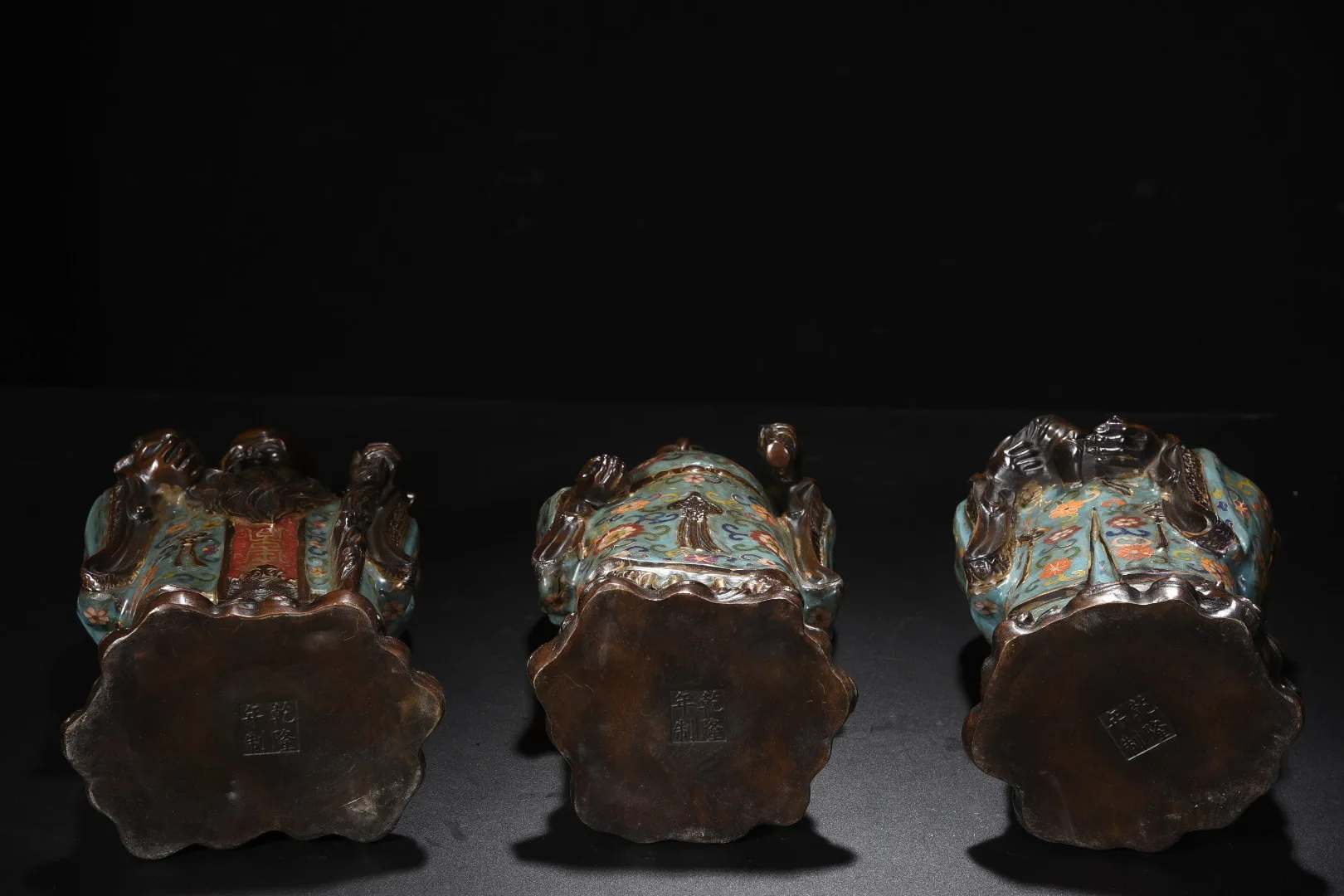 

13"Old Xizang Folk Collection Old Bronze Cloisonne Fulu Shou Three immortals Fortune fortune longevity immortals Worship Hall