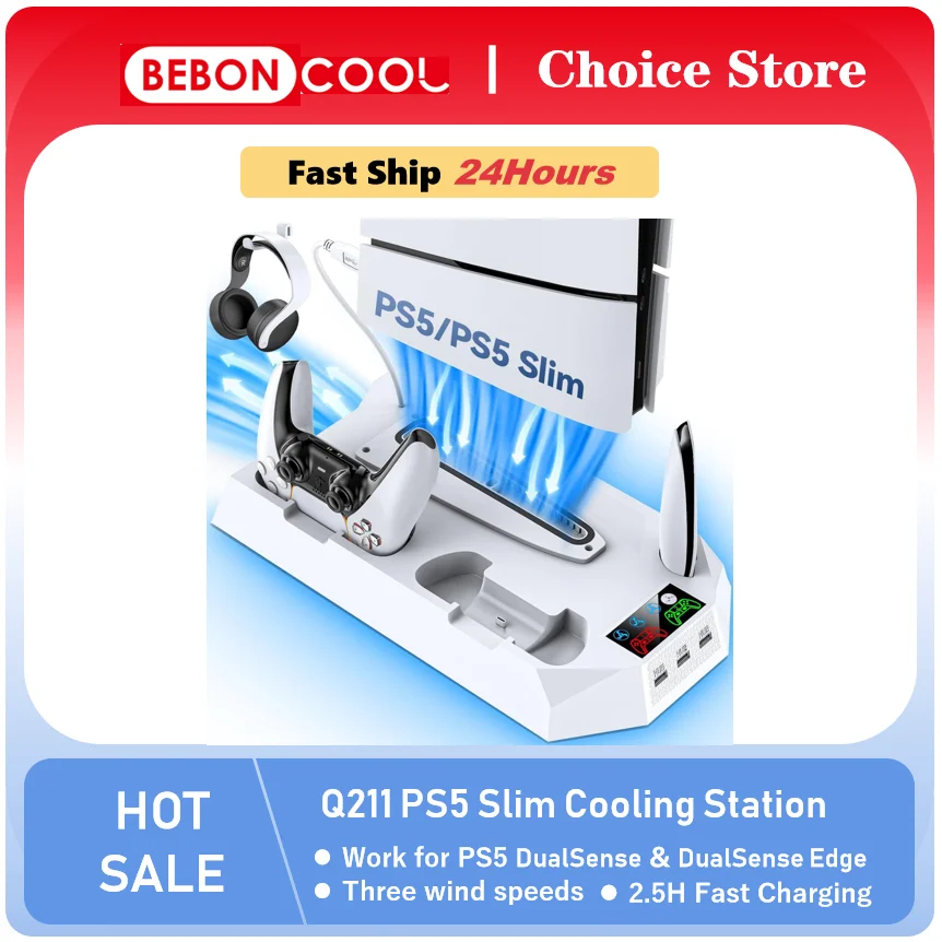 

BEBONCOOL Q211 Led Cooling Fan for PS5/PS5 Slim Vertical Stand DualSense Charging Dock for Playstation 5 Slim Disc/Digital
