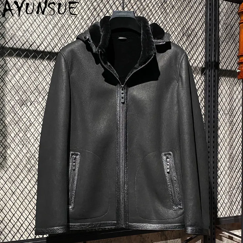 AYUNSUE Mens Natural Fur Jacket Business Casual Sheepskin Genuine Leather Jacket Men Hooded Warm Real Fur Coat Winter Clothes