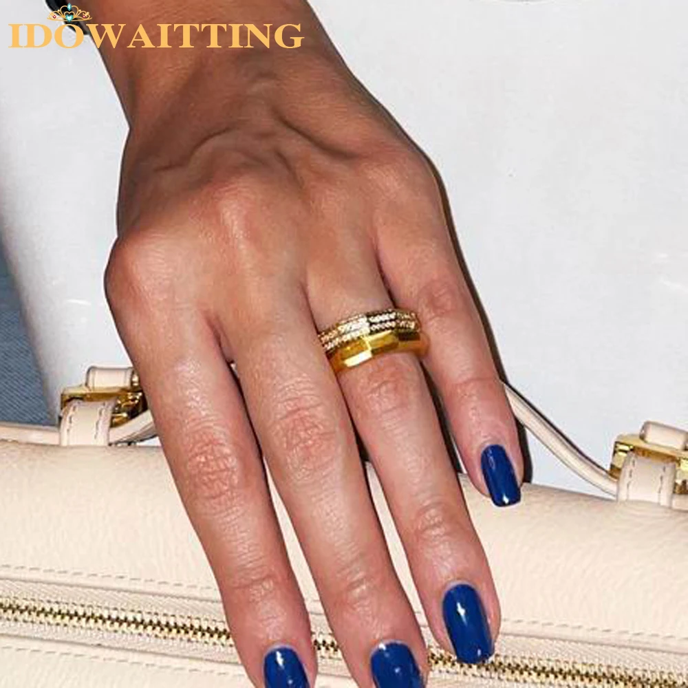 Gold Color Pave CZ Plain Matte Geometric Hex Rings For Women Men Vintage Hip Hop Brushed 2025 New Chunky Jewelry Gift