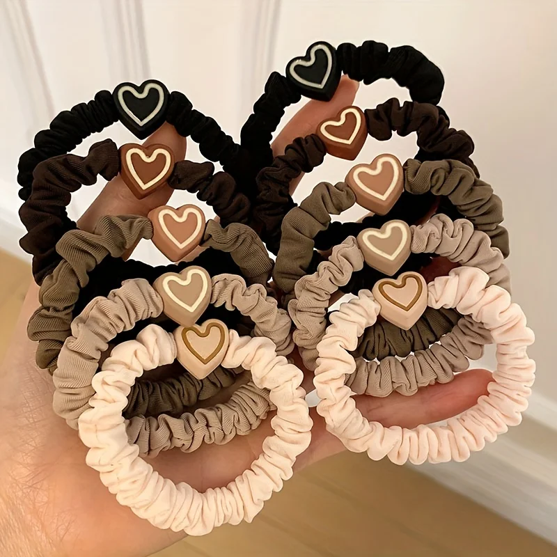 10PCS New Coffee Color Love Pendent Hair Rope Girl Cute Bowknot Hair Ties Elastic Rubber Hair Bands Hair Accessories For Women