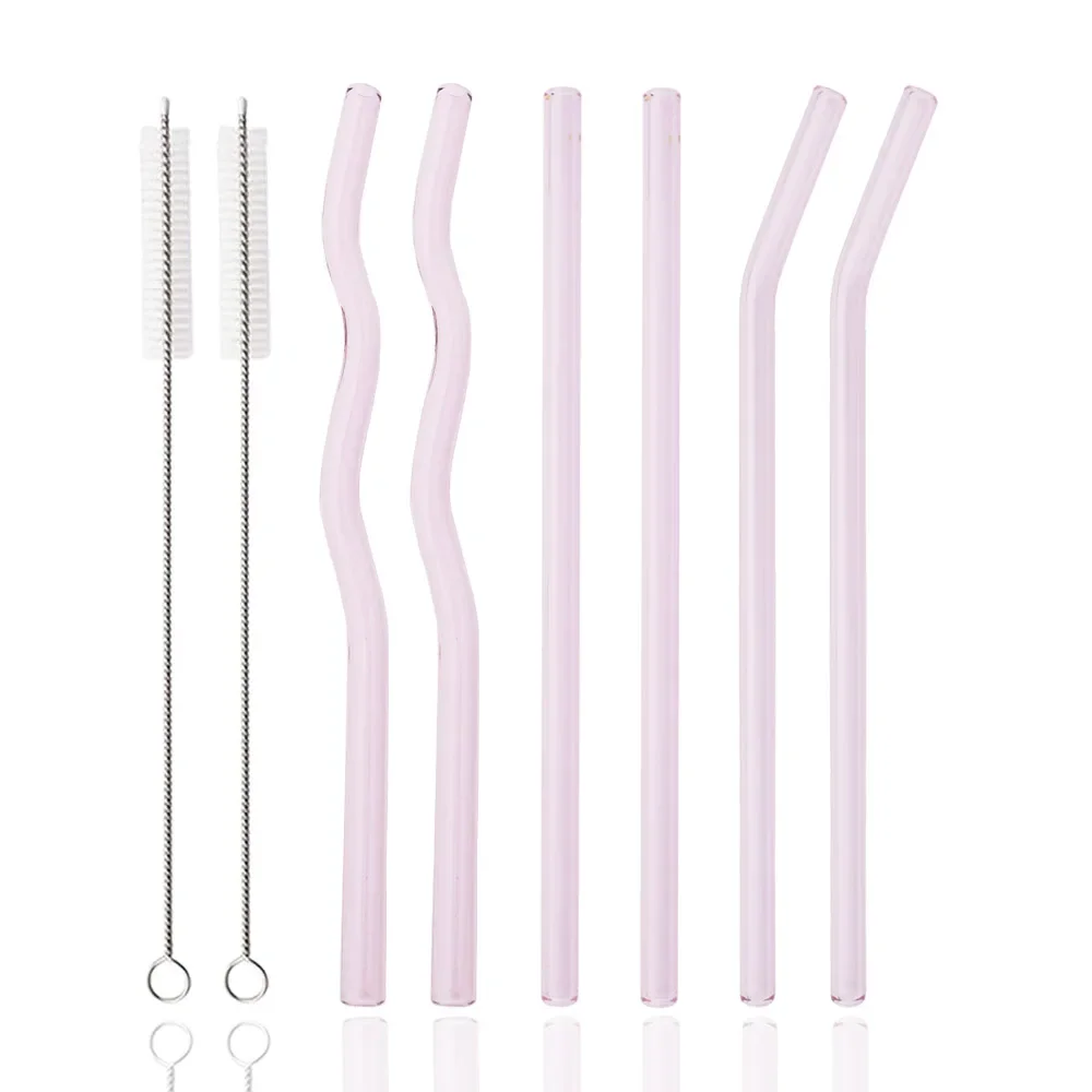 Pajitas de vidrio de 200x8mm, juego de pajitas para beber de color rosa ondulado con cepillo, pajita de vidrio de alto borosilicato, utensilios de cocina para fiesta y Bar, 8 Uds.