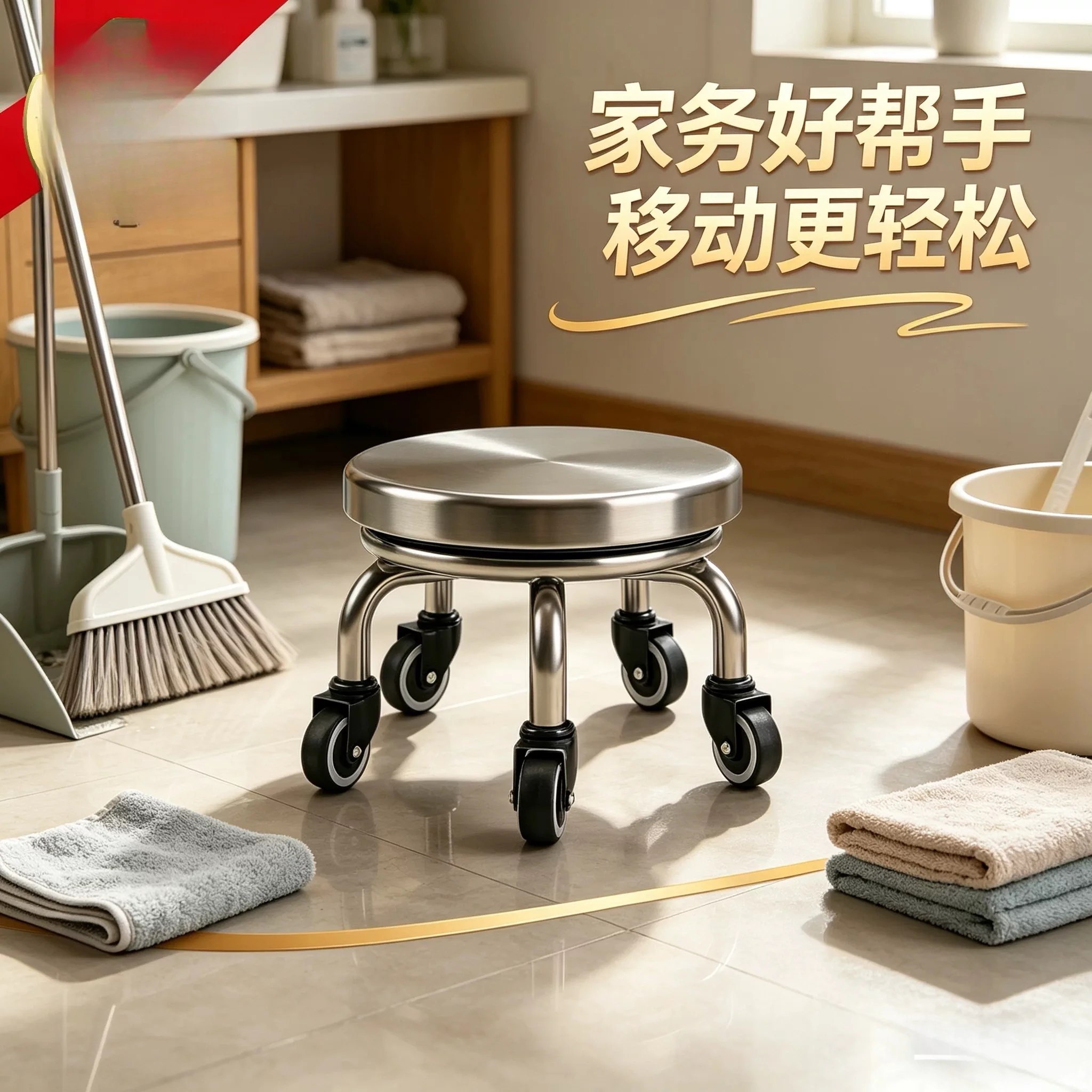 For Thickened Stainless Steel Round Stool with Swivel Casters, Heavy-Duty Load Capacity, Easy-Clean & Smooth Rolling