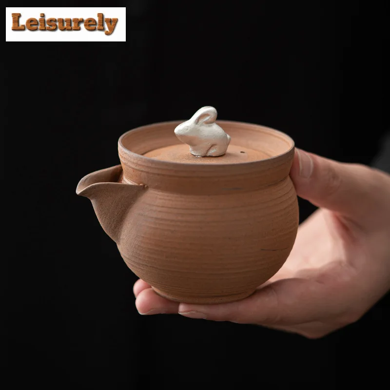 180ml Retro Coarse Pottery Old Rock Mud Hand Grab Po Japanese Gilded Silver Rabbit T Pot Tea Brewing Filter Kettle Kungfu Teaset