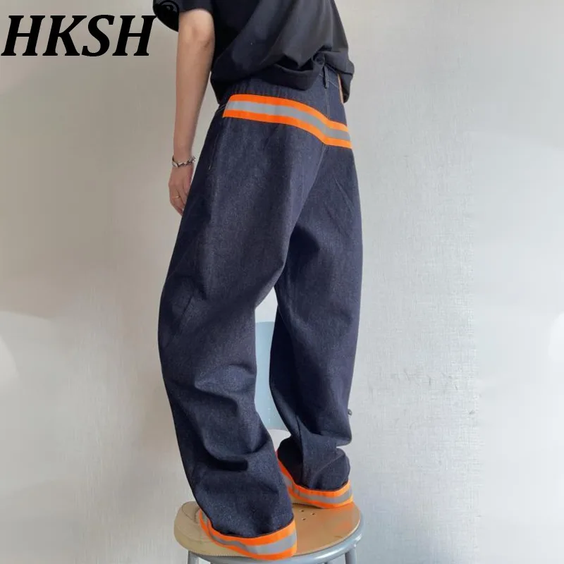 HKSH Spring Autumn New Men Tide Punk Raw Denim Pants Color Contrast Patchwork Reflective Stripes Jeans Chic Ins Vintage HK20377