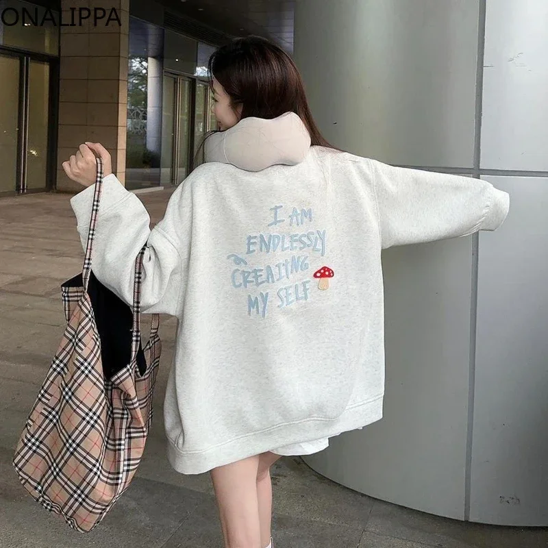 Onalippa Letter Towel Embroidered Jacket Simple Design Casual Sweatshirt Korean Fashion Preppy Style Single Breasted Sweatshirts