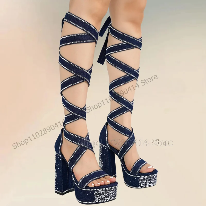 

Blue Denim Rhinestone Decor Platform Sandals Boots Lace Up Women Shoes Chunky High Heels Open Toe Novel 2024 Zapatos Para Mujere