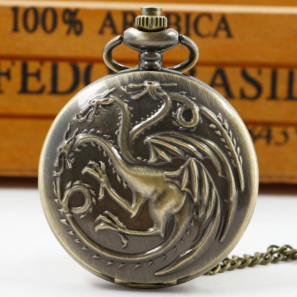 Bronzen Drie Dragon Monster Quartz Hanger Pocket Watch Vintage Ketting Trui Fob Ketting Klok Dropshipping