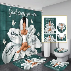 1/4 Piece Shower Curtain Set, Waterproof Bathroom Partition Curtain with Hooks, Anti-Slip Bath Rug, U Shape Mat, Toilet Seat Cov