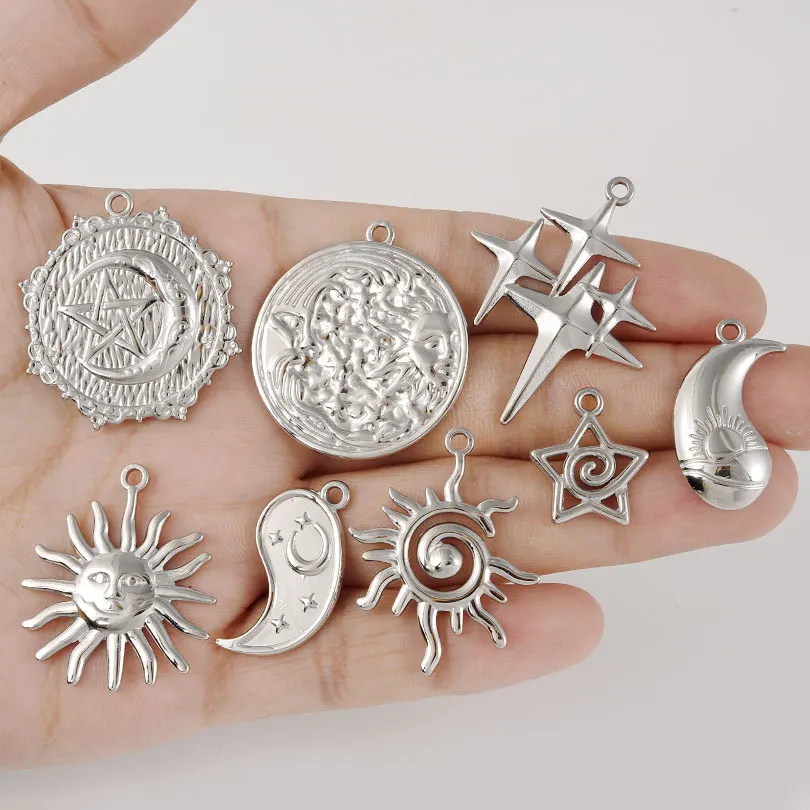 5pcs/Lot High Quality Steel Color Pentagram Star Sun Stainless Steel Pendant For Jewelry Making Supplies Handmade Bracelet Charm